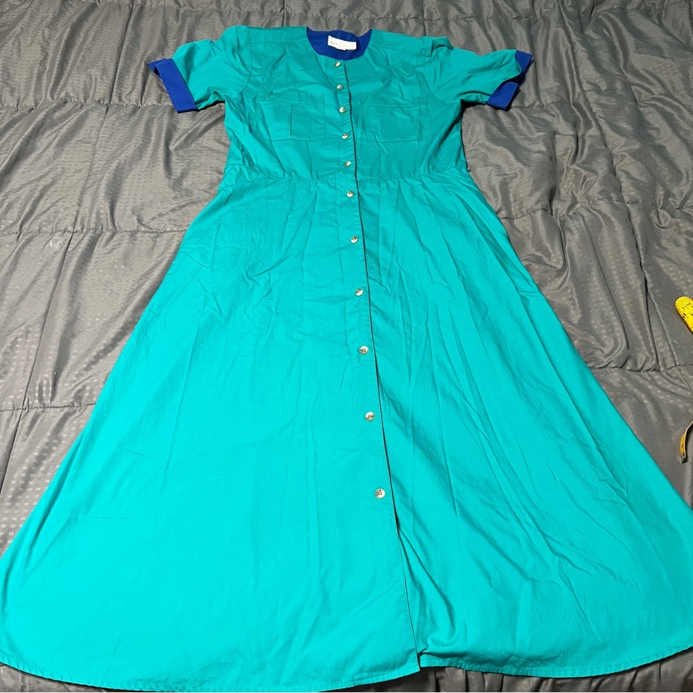 Vintage andrew harvey dress teal Blue Cotton & Polyester Blend size 8